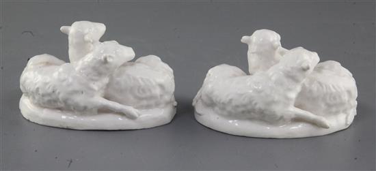 A rare pair of Longton Hall Snowman groups of sheep, c.1750-2, l. 10cm, small areas of restoration.